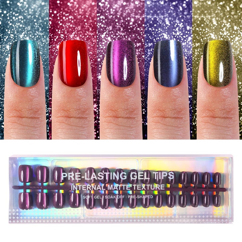 Plauva 150Pcs Cat Eye Press on Nails Short Square, Soft Gel Fake Nails, Glossy Glitter Cat Eye Nail Tips for Women and Girls Stick On Nails in 15 Sizes - Image 1